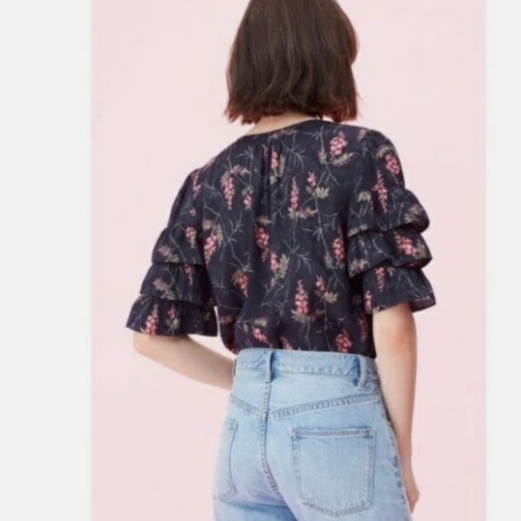Rebecca Taylor navy blue floral silk blend ruffle sleeve blouse - Picture 4 of 15